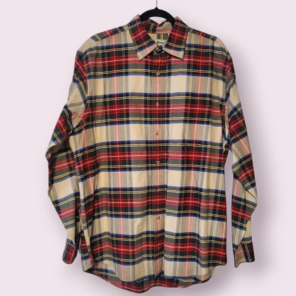 LL Bean Traditional Fit Men's L Multicolored Plaid Flannel L/S Shirt | EUC